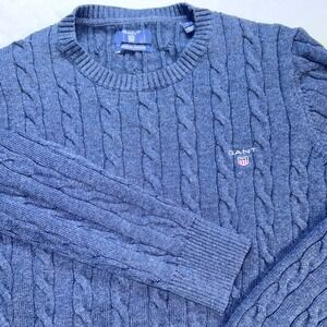 Gant Mens Premium Cotton Cable Knit Crew Neck Sweater Blue Size M Logo Sporty